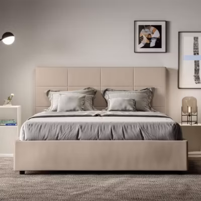 Lit simili cuir gris tourterelle Mika avec sommier capitonné 160×210