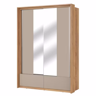 Armoire 2 portes avec miroirs, 2 tiroirs, penderie et 5 étagères coloris chene et beige  Collection VOX