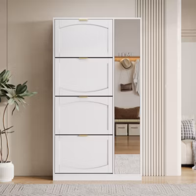 Meuble à Chaussures avec Miroir et Compartiments Abattants, Design Moderne avec Étagères Réglables pour Entrée, Blanc 80x24x147 cm