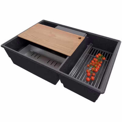 PRIMAGRAN Evier Cuisine en Granit Graphite 78x53cm, Lavabo 2 bacs + Kit de Vidage + Accessoires, Évier à Encastrer au meuble 80cm