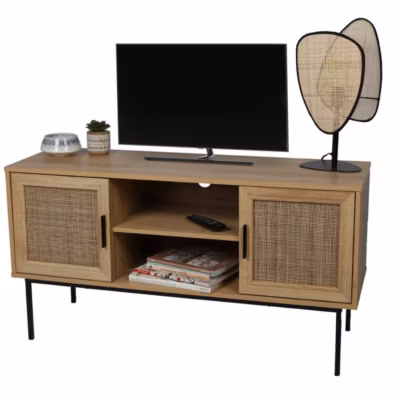 Meuble TV avec 2 portes et 2 étagères  Dimensions 120x39x63 cm, portes en jute, coloris chene clair  Collection SAVORY