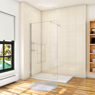 Paroi de douche à l&rsquo;italienne avec 2 étagères en verre – 80 x 190cm – 8mm verre anticalcaire et barre de fixation extensible