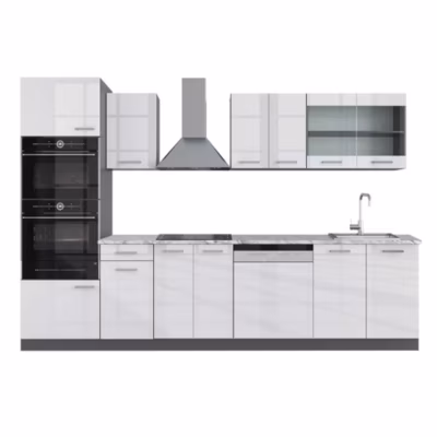 Vicco Cuisine Blanc brillant/Anthracite 300cm avec armoire haute, PT Marbre