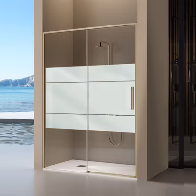 Paroi de douche coulissante DELTA – Doré (Or Brossé) – Sérigraphié – 179-181.6 cm – Fermeture amortie – Réversible – Anticalcaire