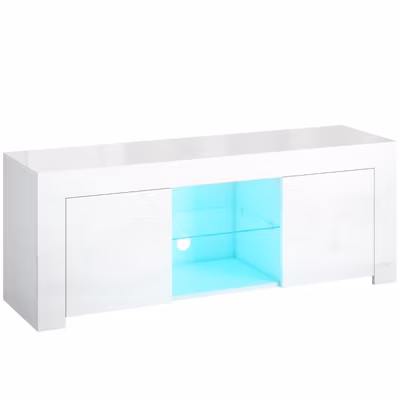 Meuble TV 120x34x45 cm avec éclairage LED RGB amovible, verre et rangements fermés pour salon moderne