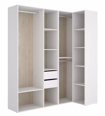 Ensemble dressing d&rsquo;angle avec 2 tiroirs et fond d&rsquo;arrière réversible coloris chêne naturel, blanc