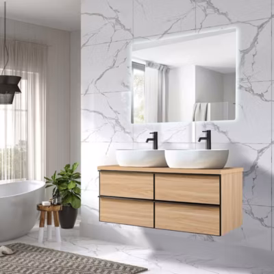 Meuble de salle de bain double vasque 120cm chêne clair avec miroir LED