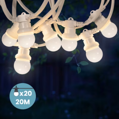 Kit Guirlande Guinguette 20m IP65 Câble Blanc Ampoules Blanches