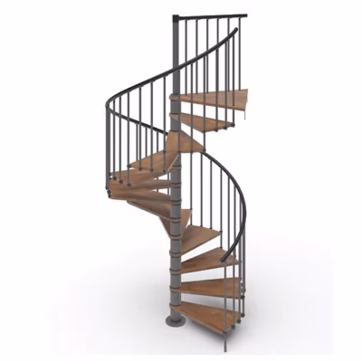 Escalier colimaçon 13 marches – Haut. à franchir 2.67 à 3.12m – Diam. 140cm – Struct. anthracite / marches noyer – Trémie ronde –