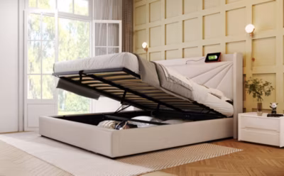Canapé-lit 160×200 cm avec coffre et tête rembourrée, ports USB/Type-C, revêtement lin beige, structure métal