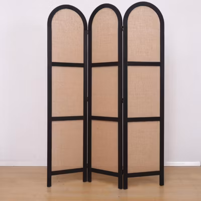 Paravent, séparateur de pièce en cannage et bois avec 3 pans coloris noir et beige – Hauteur 170 x longueur 120 cm