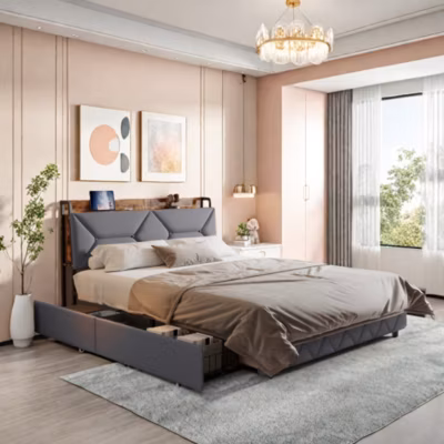Lit double 140×200 cm avec tête de lit, Lit rembourré avec rangements cachés, lit coffre avec ports USB/Type-C et 4 tiroirs, Gris