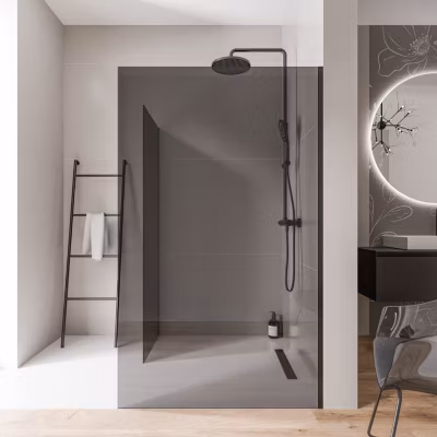 2 Parois de douche italienne d&rsquo;angle 70x200cm + 90cm, verre fumé NANO 10mm, profilé mural inox noir mat, sans profilé sol – EX102
