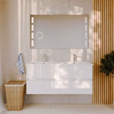 Meuble double vasque 120 cm ROSALY avec miroir Excell Plus- – Plan vasque en Céramique