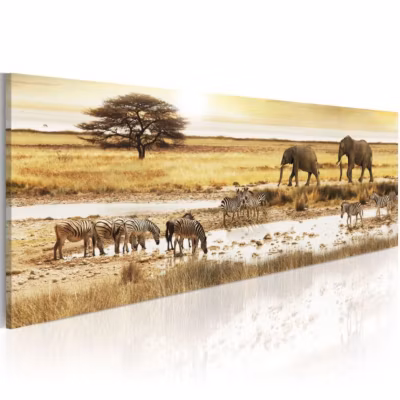Tableau africain et ethnique Africa: at the waterhole 120×40 cm