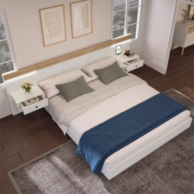 Lit adulte 140×200 cm, lit double avec chevets suspendus, led et prise usb type c, cadre en bois, chêne + blanc (sans matelas)
