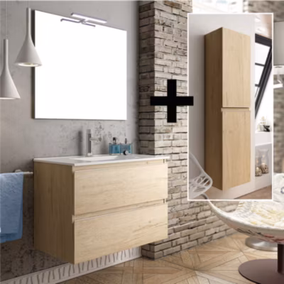 Ensemble meuble de salle de bain 80cm simple vasque + colonne de rangement – BALEA – bambou (chêne clair)