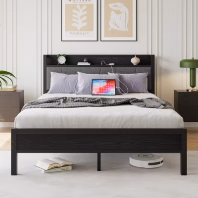 Cadre lit LED 140×200 cm, tête de lit USB, lattes robustes, montage facile