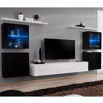 Meuble TV Mural Design « Switch XIV » 320cm Blanc & Noir