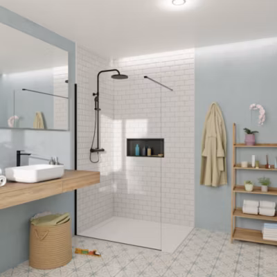 Swiss Aqua Technologies Walk-in 120x200cm Paroi en verre Crystal Glass 8 mm anticalcaire, avec bras et profilés noir mat