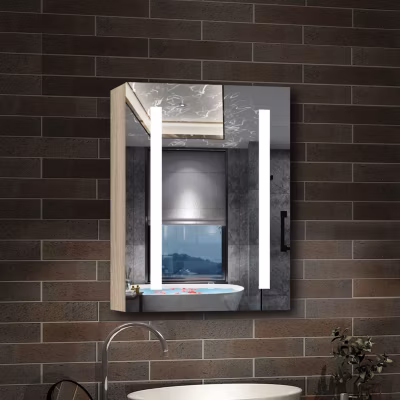 Armoire de toilette avec Miroir LED Anti-Buée, Éclairage 3 Couleurs et Prise Rasoir, Chêne, 40×70 cm, AICA Sanitaire