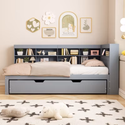 Canapé-lit 90×200 cm multifonction avec lit gigogne 90×190 cm, prise USB et rangements en bois massif gris