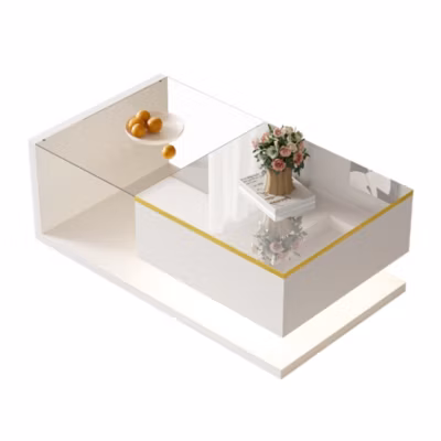 Table basse 90 cm blanc brillant avec verre et effet LED ideale comme table d appoint ou de salon