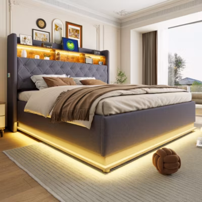 Lit 180×200 cm avec éclairage LED multicolore et rangement hydraulique, tapissé tissu lin gris, cadre métal