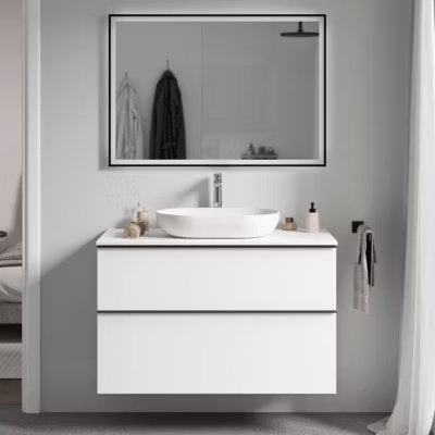 Meuble sous vasque suspendu MDF Blanc mat, plan vasque Blanc mat, poignée Chrome – 80x46x62cm – LAVOA