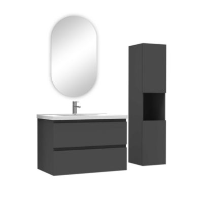 Ensemble meubles simple vasque 80cm,colonne + miroir ovale Anthracite
