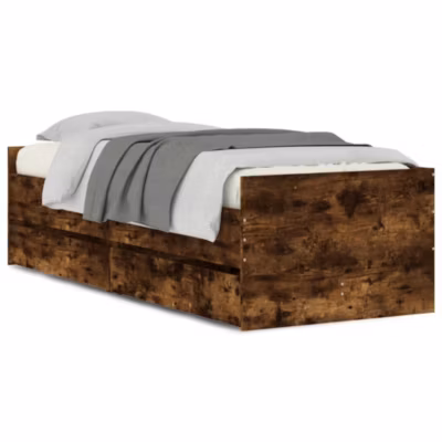 Lit simple, Lit adulte, Cadre de lit avec tiroirs sans matelas chêne fumé 90×190 cm