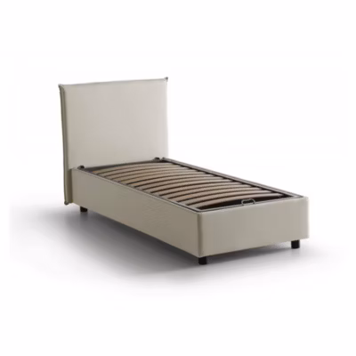 Lit simple Darut, Lit coffre avec revêtement en tissu, Ouverture latérale, adapté pour matelas 80×190 cm, Beige
