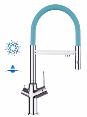 Mitigeur de cuisine 4 Voies Pour Système De Carbonatation Et Filtration D&rsquo;eau, Bec Turquoise Orientable Douchette 2 Jets – Chrome