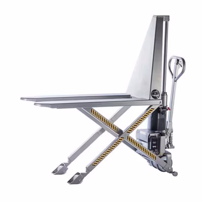 Transpalette haute levée électrique semi inox – Fourches 1200x560mm – Anticorrosion – Idéal pour maraîchers, fleuristes, primeurs