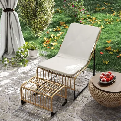Fauteuil de Jardin – Chaise Longue de Jardin avec Repose, Pieds et Coussin Amovible, Fauteuil Rotin Bois Naturel, Crème Blanc