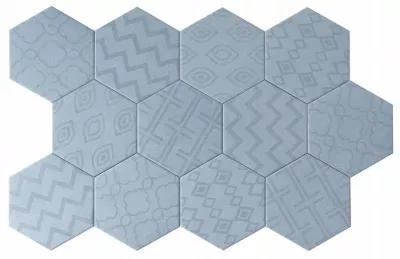 Carreau Hexagonal Effet Ciment. Grès Cérame Sol et Mur. Décor Custom Bleu 14x16cm