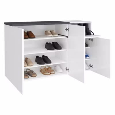 Meuble chaussures Dmessia, Meuble polyvalent avec 3 portes et 1 porte abattante, 120x40h80 cm, Blanc brillant et ardoise