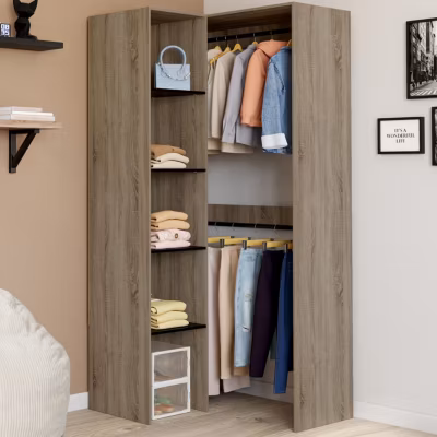 Dressing d&rsquo;angle modulable L. 90 / 127 cm MELMAN double penderie + étagères bois et noir