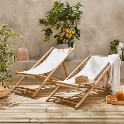 Lot de 2 chiliennes en bambou. toile naturelle polyester et coton. DAVAO L110 x P60 x H94cm