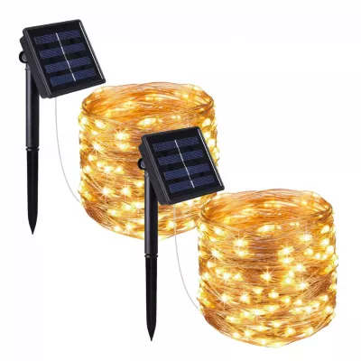 Lot de 2 guirlandes solaires extérieur lumineuses jardin, terrasse – Ampoules LED 8 modes – 7 m – Blanc chaud – Linxor