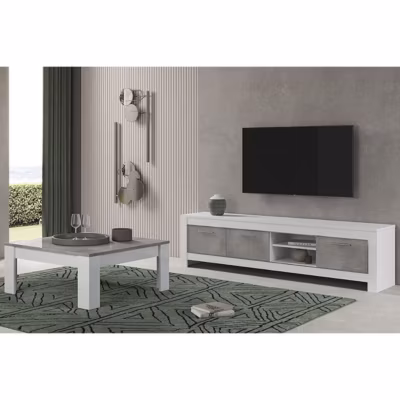 DENAE – Ensemble Salon Blanc et Gris Marbré Meuble TV 3 Portes + Table Basse Carrée