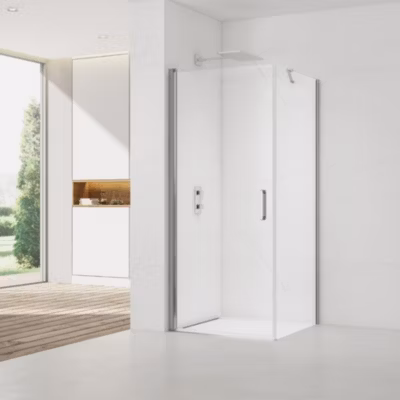 Fusion ensemble porte pivotante /paroi 90x80cm anticalcaire avec profilés chrome brillant (SATFUD90S80-SET)