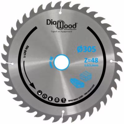 Lame de scie circulaire HM universelle D. 305 x Al. 30 x ép. 3,0/2,0 mm x Z48 TP Nég pour Alu/bois – Diamwood