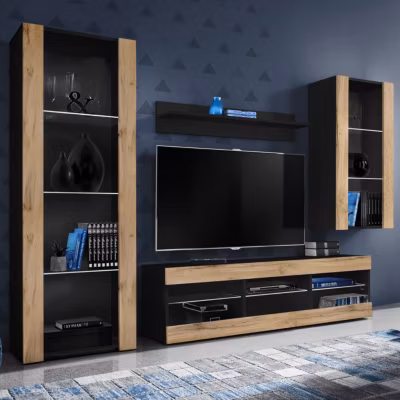 Meuble TV Tivoli Set Medio Komodee – sans LED – Bois naturel Mat et Noir – 195x159x35 cm
