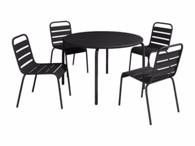 Salle à manger de jardin en métal – une table D.110 cm et 4 chaises empilables – Noir – MIRMANDE de MYLIA