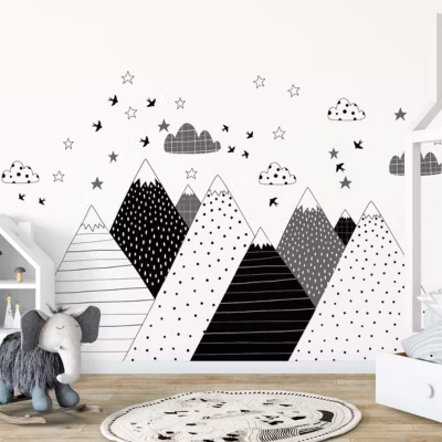 Stickers muraux enfants – Décoration chambre bébé – Autocollant Sticker mural géant enfant montagnes scandinaves SASKA – 40x60cm
