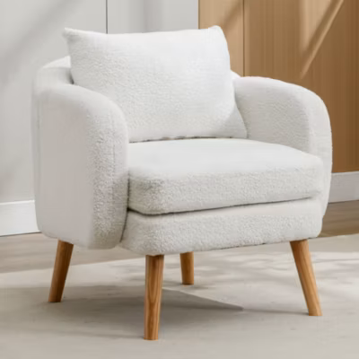 Fauteuil en Teddy, Fauteuil Moderne d&rsquo;Appoint avec Accoudoirs et Coussin Épais, Pieds Bois Massif, Blanc