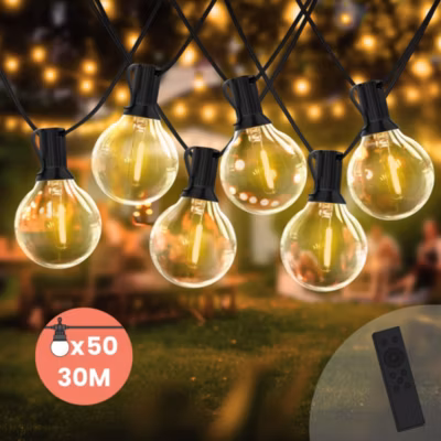 Guirlande guinguette LED 30M 50 Bulbes Rond Blanc Chaud Dimmable