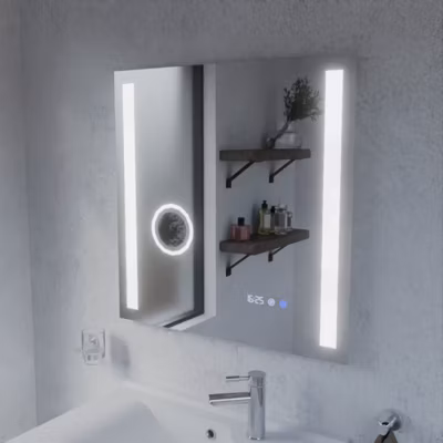 Miroir LED avec antibuée, loupe et horloge DUETTO – 70 x 70 cm