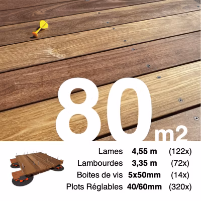 Kit complet terrasse bois exotique CUMARU pour 80 m², Lames 4,55 m, lambourdes 3,65 m, plots réglables et visserie Inox.